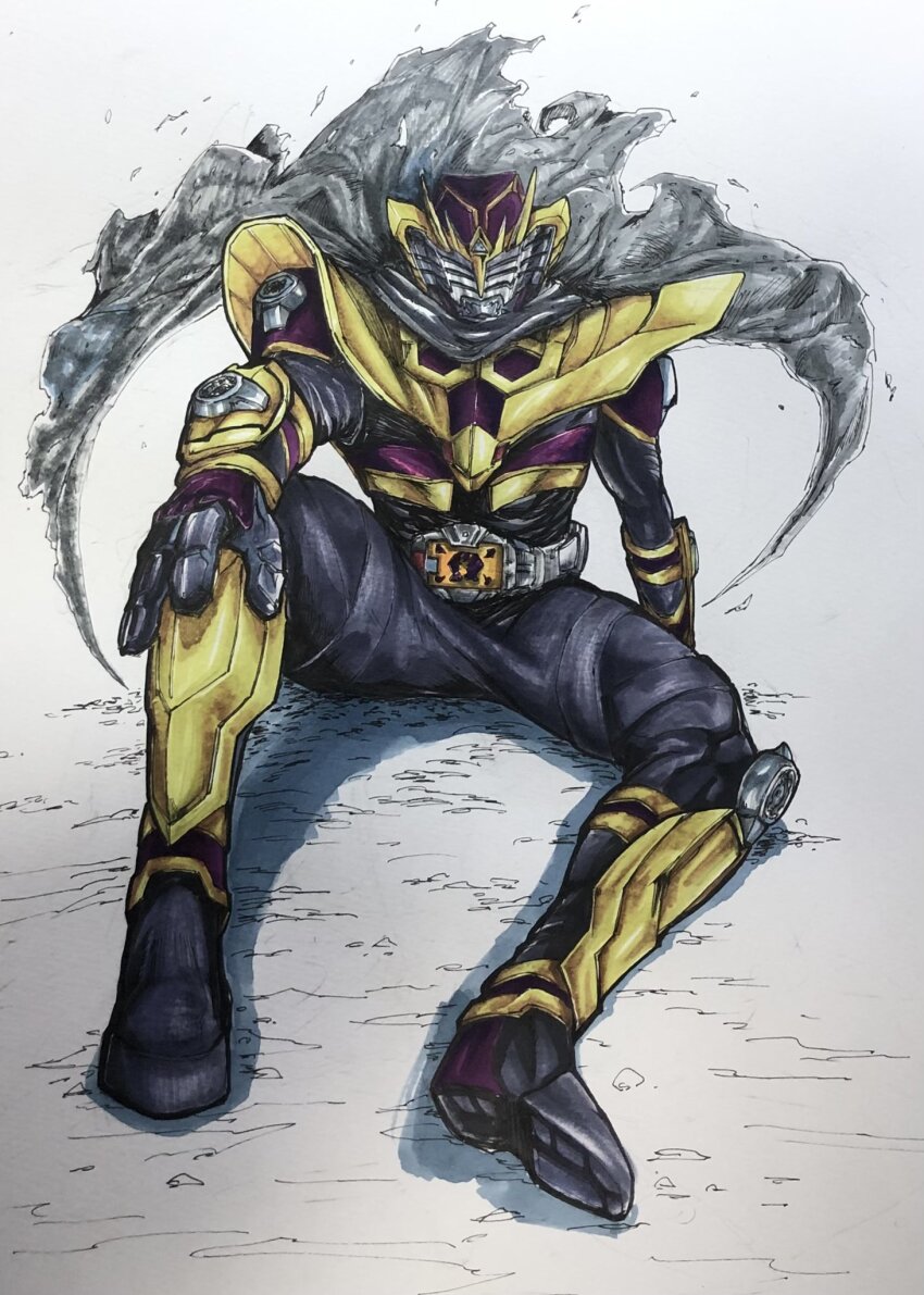 1boy armor cape card_deck_(ouja_survive) cobra_(animal) commentary_request rider_belt foreshortening gold_armor grey_cape hand_on_own_leg highres kamen_rider kamen_rider_ouja kamen_rider_outsiders kamen_rider_ryuki_(series) male_focus official_alternate_costume rat0116ebi rider_belt sitting snake survive_mode tokusatsu traditional_media v_buckle vambraces
