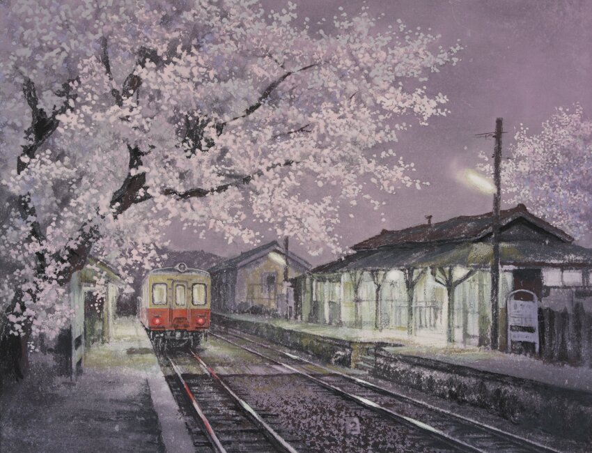 absurdres building cherry_blossoms day fine_art_parody highres ibaraki_prefecture multiple_unit_train nihonga no_humans original outdoors parody railroad_tracks scenery shadow sunlight tanamachi_yoshihiro track_ballast train train_station train_station_platform tree