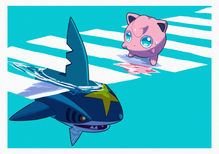 absurdres border closed_mouth commentary_request crosswalk gen_1_pokemon gen_3_pokemon green_background green_eyes highres jigglypuff nintendo no_humans pokemon pokemon_(creature) ripples saiku_(zvlku) sharpedo standing sweatdrop swimming water white_border