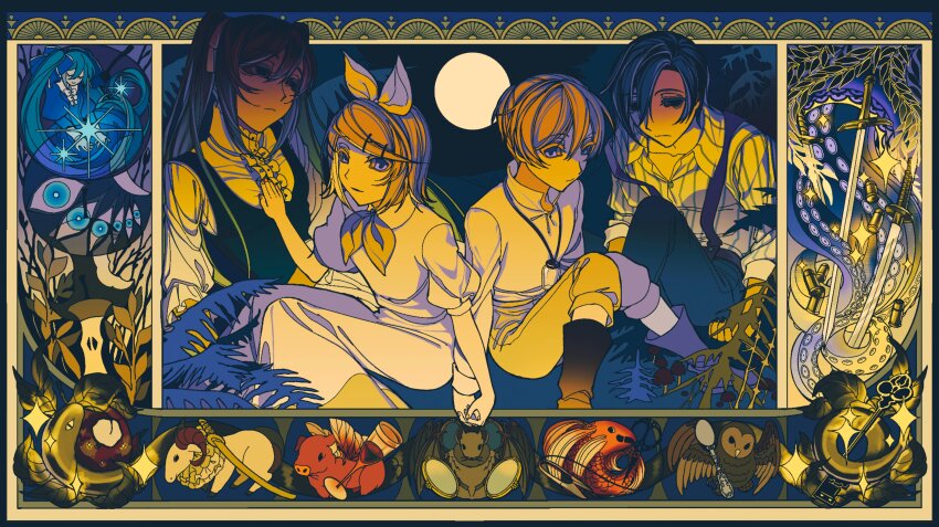 2boys 2girls 6+others absurdres adam_moonlit apple aqua_hair bags_under_eyes bat_(animal) bird bitten_apple blonde_hair blouse blue_dress blue_hair blue_pants boots brother_and_sister brown_boots bullet clippers clockworker&#039;s_doll collar collarbone collared_dress collared_shirt cup demon dress drinking_glass empty_eyes eve_moonlit evillious_nendaiki expressionless father_and_daughter father_and_son fish foliage food food_bite four_mirrors_of_lucifenia frilled_collar frilled_shirt frilled_sleeves frills fruit full_moon genzai_monogatari gilles_derais_(evillious_nendaiki) glass_bottle glass_of_conchita goat green_dress green_hair gretel_(evillious_nendaiki) grim_the_end hands_on_another&#039;s_chest hansel_(evillious_nendaiki) hatsune_miku highres holding_hands insect_wings kagamine_len kagamine_rin kaito_(vocaloid) katana key leaf long_hair marie_annette marlon_spoon mirror moon moonlit_bear_(vocaloid) mother_and_daughter mother_and_son mui4ioqaak9436 multiple_boys multiple_girls multiple_others neckerchief night night_sky okizari_tsukiyo_shou_(vocaloid) open_collar owl pants pig pinafore_dress puffy_short_sleeves puffy_sleeves purple_eyes rahab_barisol salem_buldar scissors shaded_face shirt short_hair short_sleeves siblings sky sleeveless sleeveless_dress smile snake spoon striped_clothes striped_shirt suspenders sword tentacles twin_blades_of_levianta twins twintails venom_sword very_long_hair vessel_of_sin vlad_tuberci vocaloid weapon white_dress white_shirt wine_glass wings yellow_neckerchief yellow_pants