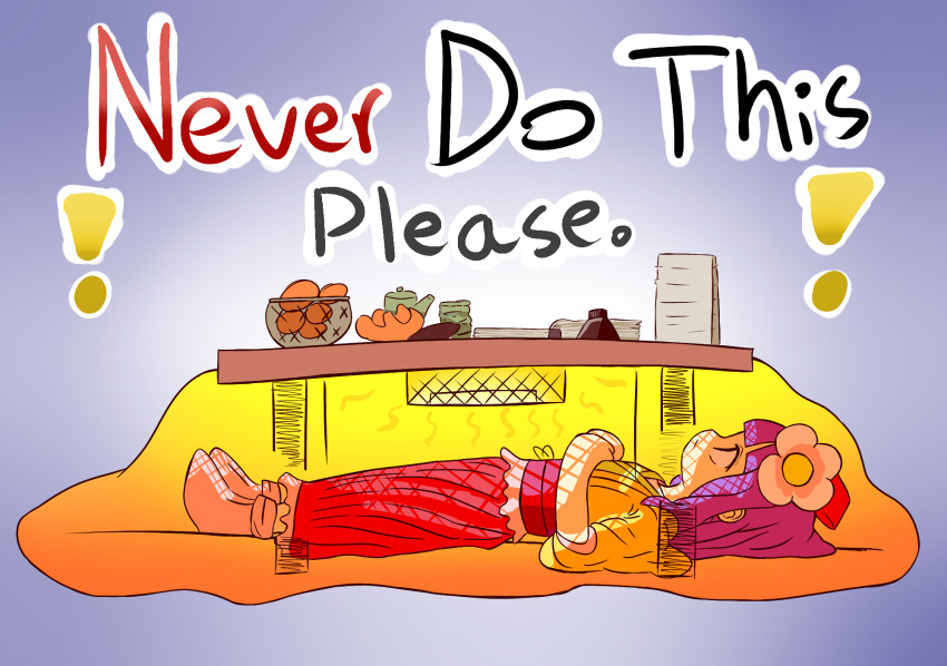 1girl :| alternate_language bowl closed_mouth expressionless flower food from_side fruit full_body hair_flower hair_ornament hakama hakama_skirt hanten_(clothes) heater hieda_no_akyuu highres japanese_clothes kotatsu lying mandarin_orange orange_peel purple_hair shlipon short_hair simple_background skirt solo table touhou under_kotatsu under_table