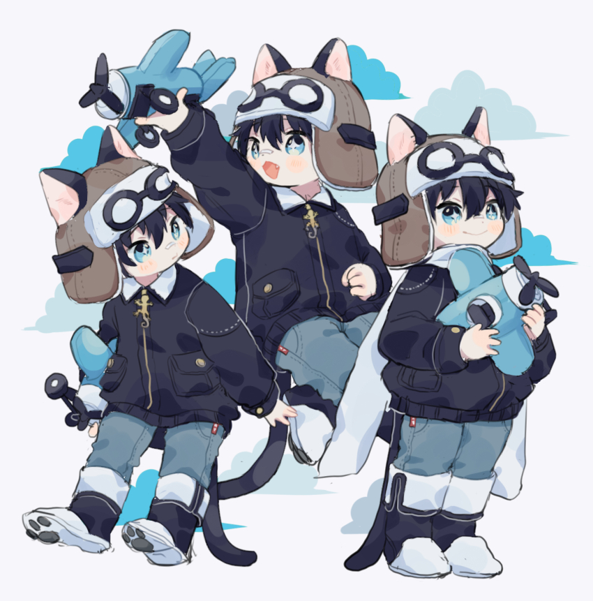 1boy aviator_cap bandaid bandaid_on_face bandaid_on_nose black_boots black_jacket blue_pants boots brown_hat cape cat_boy closed_mouth cloud collared_jacket commentary_request cotono_(nazekun) denim ears_through_headwear goggles goggles_on_headwear hat highres holding holding_toy jacket jeans male_focus multiple_views neko-kun_(cotono_(nazekun)) open_mouth original pants smile toy toy_airplane white_cape zipper zipper_pull_tab