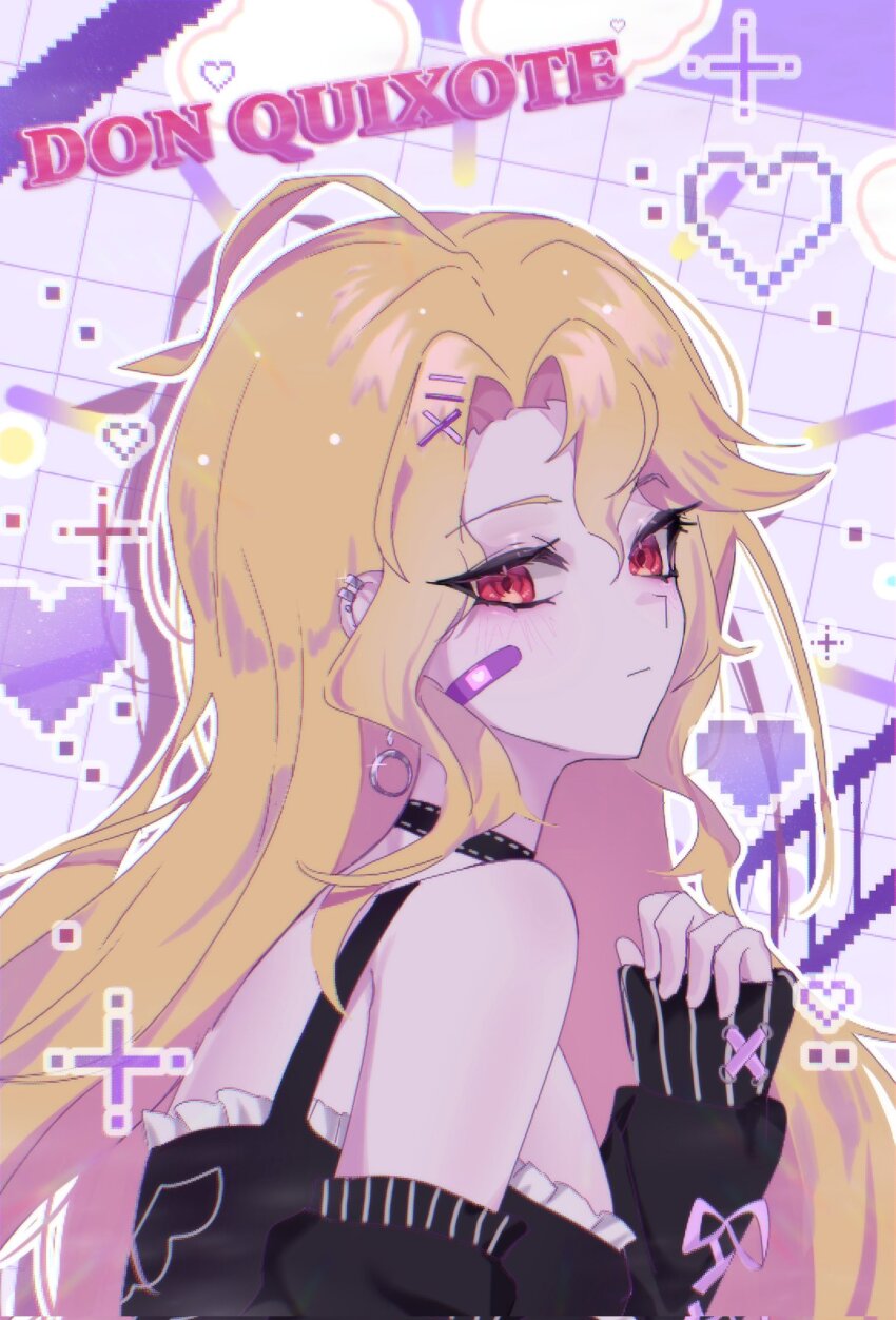 1girl ahoge bandaid bandaid_on_face black_choker black_dress blonde_hair character_name choker closed_mouth cross-laced_clothes cross-laced_sleeves detached_sleeves don_quixote_(project_moon) dress ear_piercing flaqjtmfmf hair_ornament hairclip highres limbus_company long_hair piercing project_moon red_eyes sancho_(project_moon) solo upper_body x_hair_ornament