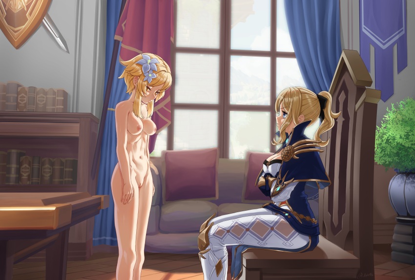 2girls absurdres angry arms_at_sides black_ribbon blonde_hair blue_eyes blue_flower book bookshelf breasts chair cleavage closed_mouth clothed_female_nude_female completely_nude couch crossed_arms curtains day detached_collar embarrassed eye_contact eyebrows_hidden_by_hair eyes_visible_through_hair flower genshin_impact hair_flower hair_ornament hair_ribbon half-closed_eyes head_down highres humiliation indoors jean_(genshin_impact) large_breasts looking_at_another looking_down luizhtx lumine_(genshin_impact) medium_breasts midriff multiple_girls navel neck nipples nude plant ponytail punishment pussy ribbon room sad shadow shield shield_in_wall short_hair sidelocks sitting standing sword sword_in_wall table thick_thighs thighs uncensored vase weapon window yellow_eyes