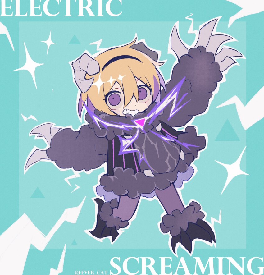 1girl arm_up blonde_hair claws don_quixote_(project_moon) dress e.g.o_(project_moon) electric_screaming_(e.g.o) fevercat full_body fur-trimmed_dress fur_sleeves fur_trim grin highres limbus_company multicolored_hair project_moon purple_dress purple_eyes purple_hair short_hair smile solo standing streaked_hair