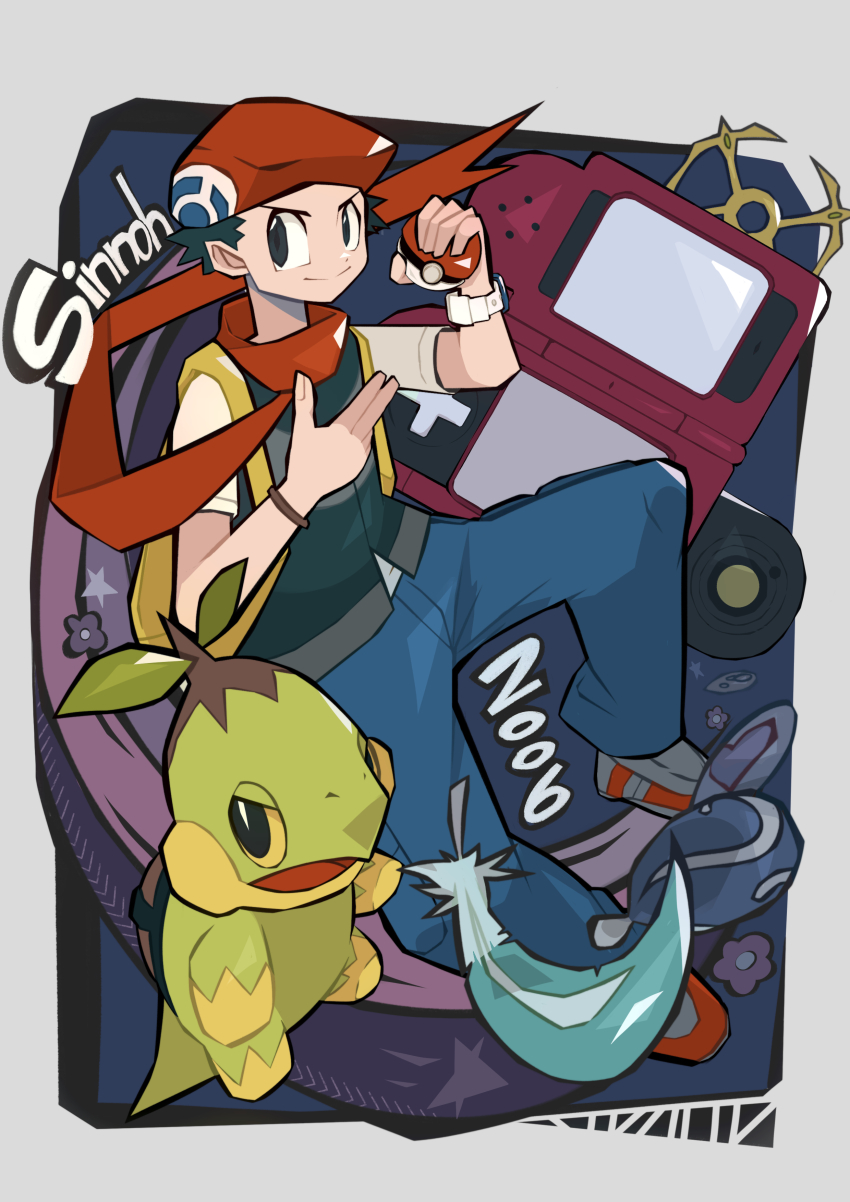 1boy 2006 absurdres black_eyes black_hair black_jacket blue_pants border brown_bracelet closed_mouth feathers gen_4_pokemon highres holding holding_poke_ball jacket lucas_(pokemon) lunar_feather male_focus nintendo ottoyamaotoko8 pants poke_ball poke_ball_(basic) pokedex pokemon pokemon_(creature) pokemon_dppt red_footwear red_headwear red_scarf scarf shirt short_hair short_sleeves sleeveless sleeveless_jacket smile solo turtwig watch white_border white_shirt wristwatch