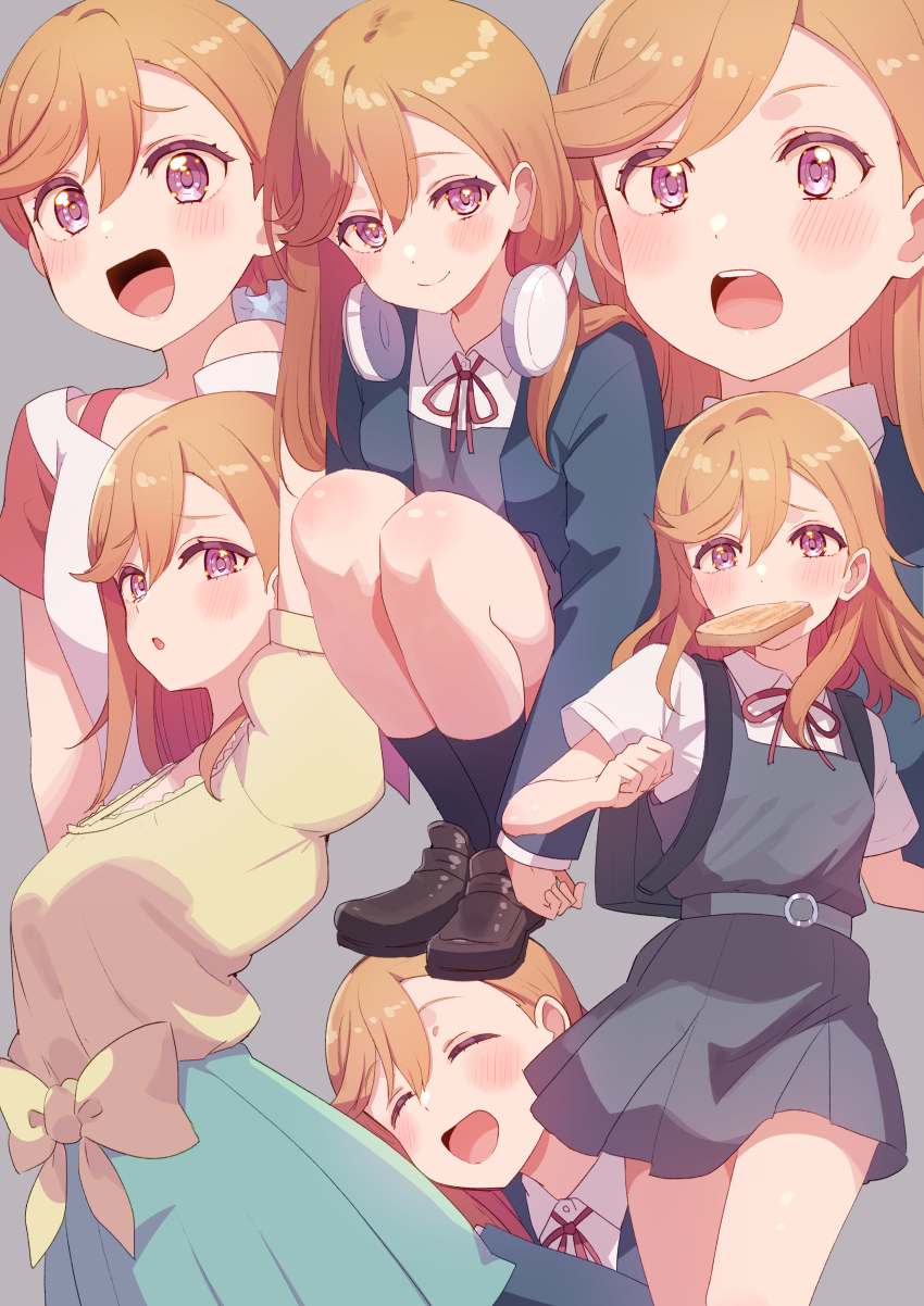 1girl absurdres birthday blush bread bread_slice breasts closed_eyes commentary cream_(nipakupa) food food_in_mouth grey_background headphones headphones_around_neck highres late_for_school long_hair love_live! love_live!_superstar!! low_ponytail mouth_hold multiple_views orange_hair ponytail purple_eyes school_uniform shibuya_kanon small_breasts toast toast_in_mouth upper_body yuigaoka_school_uniform