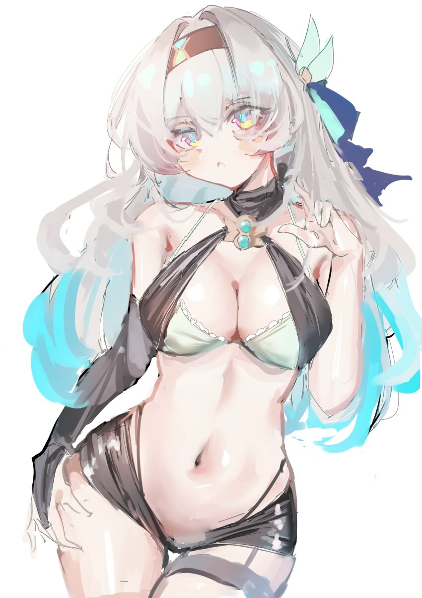 1girl :o absurdres alternate_costume black_choker black_garter_straps blue_ribbon bra brown_hairband choker firefly_(honkai:_star_rail) garter_straps green_bra green_pupils grey_hair hair_between_eyes hair_ornament hair_ribbon hairband highres honkai:_star_rail honkai_(series) hua_(yijing) multicolored_eyes open_mouth ribbon simple_background single_garter_strap sketch solo thigh_strap underwear white_background