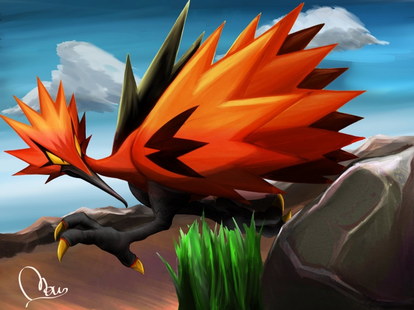 animal_focus beak bird blue_sky cloud galarian_form galarian_zapdos gen_1_pokemon gen_8_pokemon grass highres legendary_pokemon mow_(user_cnuu8742) nintendo no_humans pokemon pokemon_(creature) rock running signature sky talons yellow_eyes zapdos