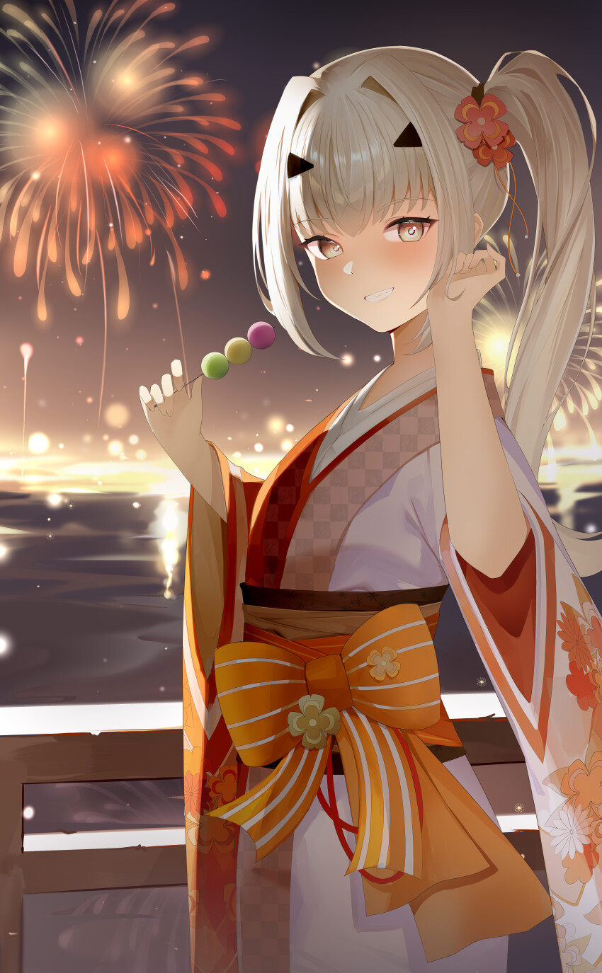 1girl absurdres bow brown_eyes dango fate/grand_order fate_(series) fireworks food grin highres japanese_clothes kimono long_hair long_sleeves looking_at_viewer melusine_(fate) multicolored_kimono obi obiage orange_bow orange_kimono ponytail sanshoku_dango sash sash_bow smile solo summer_festival teeth upper_body wagashi white_hair white_kimono wide_sleeves youqimin_(jiegaozhong)
