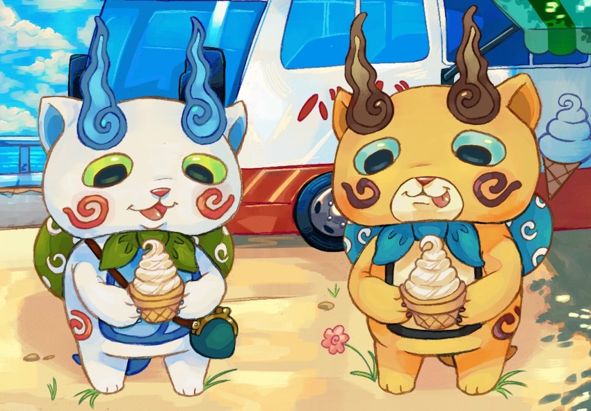 backpack bag blue_eyes cloud coin_purse day eumillipes flower food green_eyes highres holding holding_food ice_cream_cone komajirou komasan licking_lips motor_vehicle no_humans outdoors standing tongue tongue_out van youkai_watch