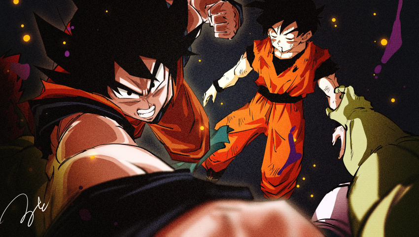 3boys black_eyes black_hair blood blood_from_mouth blurry bojack clenched_teeth colored_skin commentary_request depth_of_field dougi dragon_ball dragonball_z father_and_son green_skin highres male_focus multiple_boys muscular muscular_male pov pov_hands punching ruto830 serious signature son_gohan son_goku teeth wristband