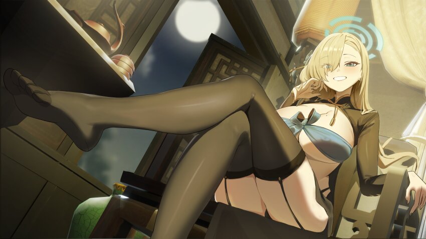 1girl absurdres alternate_costume asuna_(blue_archive) black_garter_straps black_shrug black_thighhighs blonde_hair blue_archive blue_eyes blue_halo breasts chinese_clothes commentary crossed_legs full_moon garter_straps hair_over_one_eye halo highres indoors large_breasts long_hair looking_at_viewer mole mole_on_breast moon night night_sky shrug_(clothing) sky smile solo thighhighs yuyiosang
