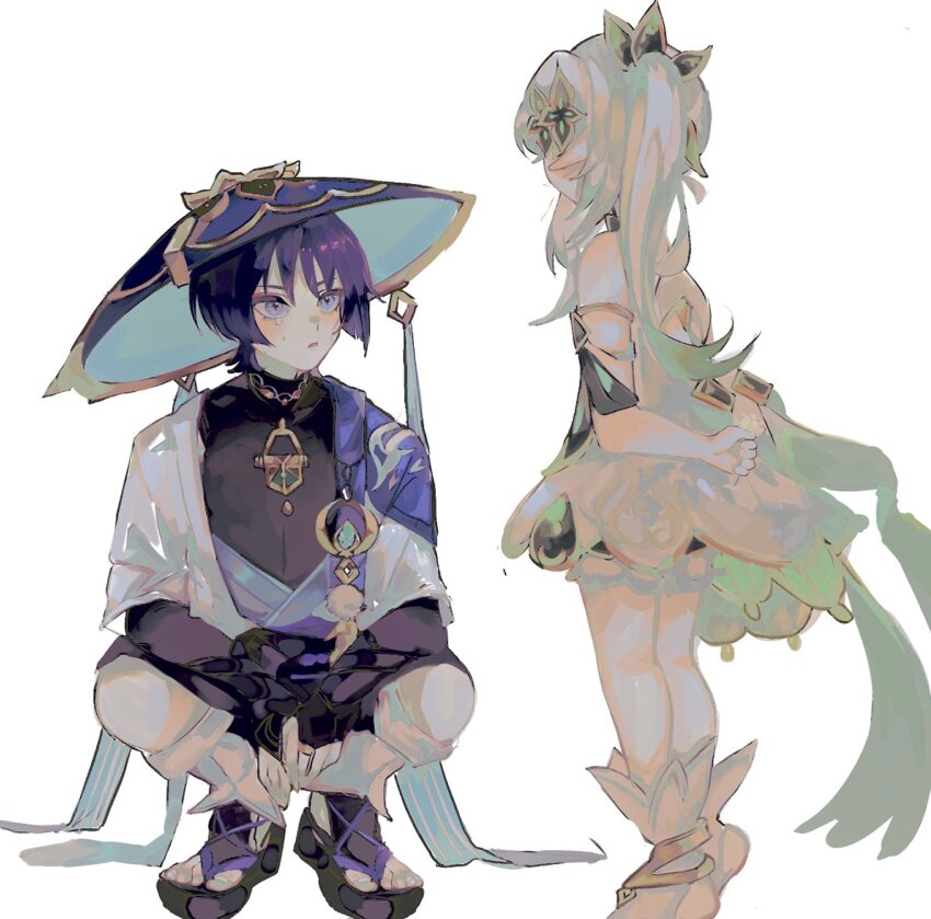 1boy 1girl anemo_symbol_(genshin_impact) anklet aqua_gemstone arm_behind_back arm_on_thigh armlet armor black_bodysuit black_bridal_gauntlets black_leggings black_sandals bloomers blue_hat blue_kimono blunt_ends blush bodysuit bridal_gauntlets cape colored_tips crying crying_with_eyes_open detached_sleeves dress eyeliner eyeshadow feathers flower gem genshin_impact gold gold_ring green_cape green_hair green_sleeves hat highres holding holding_flower hoshino_01074 japanese_armor japanese_clothes jewelry jingasa juban kimono kote kurokote leg_warmers leggings long_hair looking_at_another makeup middle_ring multicolored_hair nahida_(genshin_impact) open_clothes open_kimono open_mouth pom_pom_(clothes) purple_cape purple_eyes purple_hair red_eyeliner red_eyeshadow sandals scaramouche_(genshin_impact) side_ponytail sidelocks socks squatting standing stirrup_footwear tears toenails toes turtleneck turtleneck_bodysuit underwear vision_(genshin_impact) wanderer_(genshin_impact) white_background white_bloomers white_dress white_hair white_kimono white_leg_warmers white_socks white_trim yellow_feathers zouri