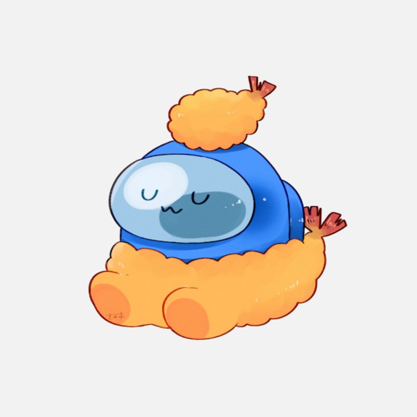 among_us blue_(among_us) chibi closed_eyes closed_mouth commentary food full_body hair_ornament highres shrimp shrimp_tempura simple_background sitting spacesuit symbol-only_commentary tempura tenmiyakiyo uwu white_background