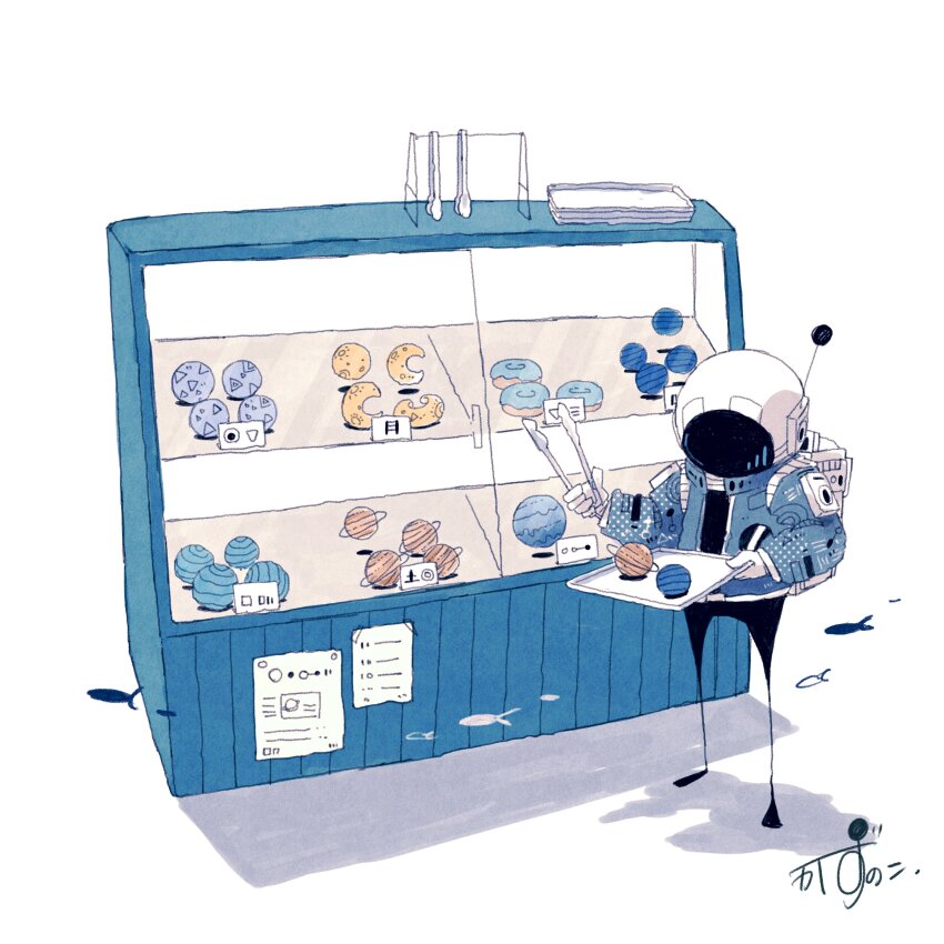 1other absurdres backpack bag blue_jacket crescent_moon display_case donut fish flying_fish food full_moon gloves helmet highres holding holding_plate holding_tongs jacket kazunoko_(kazunoko_zunoco) looking_at_food moon original other_focus planet planetary_ring plate poster_(object) radio_antenna shadow simple_background solo space_helmet tongs white_background white_gloves