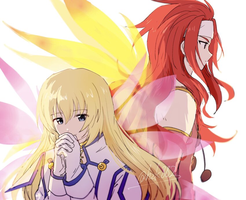 blonde_hair blue_eyes colette_brunel dress elbow_gloves floating_hair from_side gloves gold_choker headband highres hzk882 jacket own_hands_clasped own_hands_together pink_vest red_hair simple_background tales_of_(series) tales_of_symphonia twitter_username vest white_background white_dress white_gloves white_headband white_jacket wings zelos_wilder