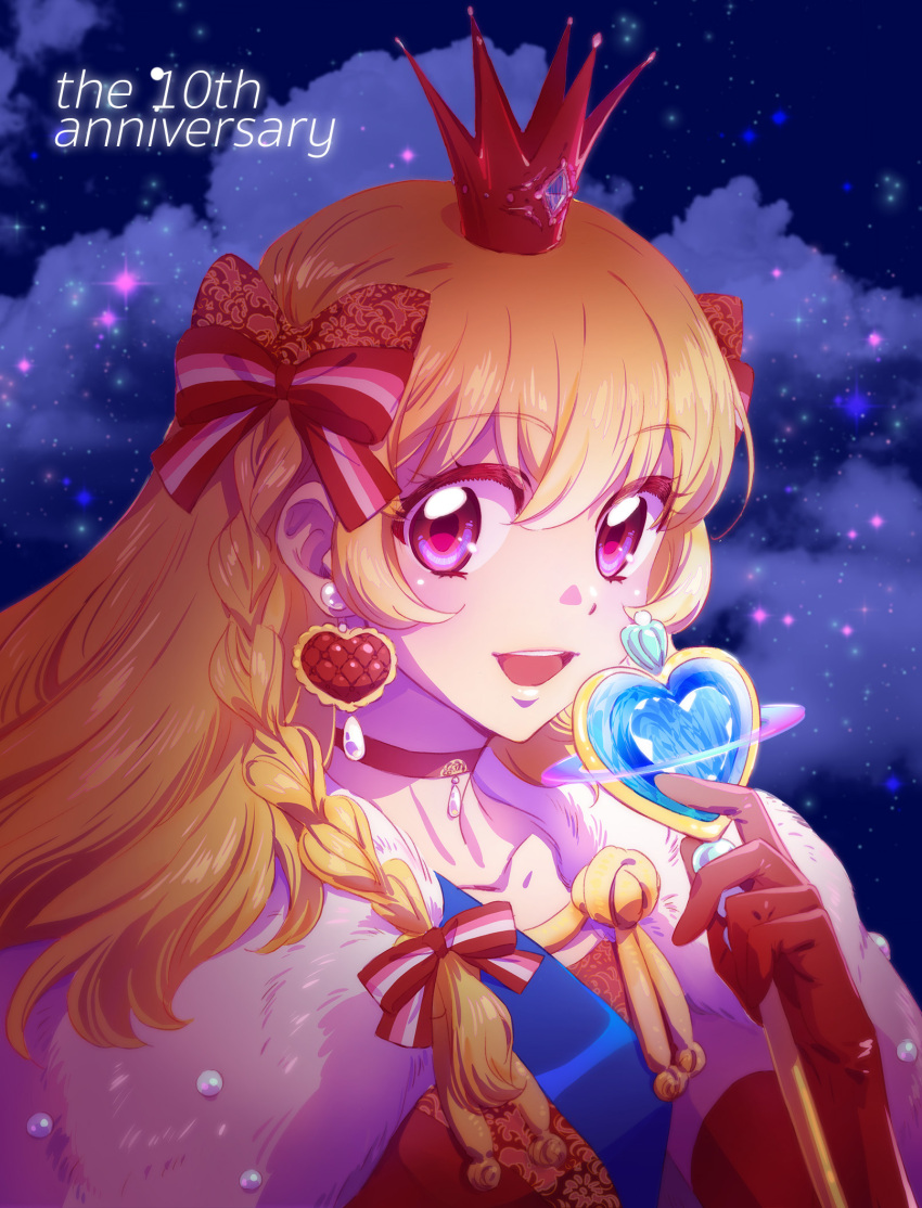 1girl :d aikatsu! aikatsu!_(series) anniversary blonde_hair bow braid choker cloud collarbone crown dark earrings elbow_gloves english_text gloves hair_bow hand_up heart heart_earrings highres holding holding_staff hoshimiya_ichigo jewelry kayo long_hair looking_at_viewer night night_sky open_mouth red_boe red_choker red_eyes red_gloves sky smile solo staff striped_bow teeth upper_body upper_teeth_only