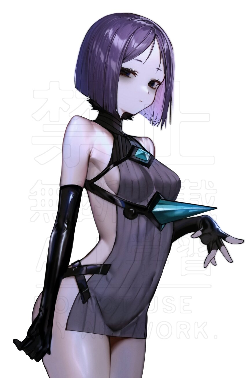 1girl absurdres albino_(a1b1n0623) bare_shoulders black_eyes black_gloves breasts cosplay dress elbow_gloves fate/samurai_remnant fate_(series) fingerless_gloves gloves grey_dress highres looking_at_viewer medium_breasts parted_bangs pelvic_curtain purple_hair short_dress short_hair sideboob sideless_dress solo thighs ushi_gozen_(avenger)_(fate) ushi_gozen_(avenger)_(third_ascension)_(fate) ushi_gozen_(fate) ushi_gozen_(fate)_(cosplay)