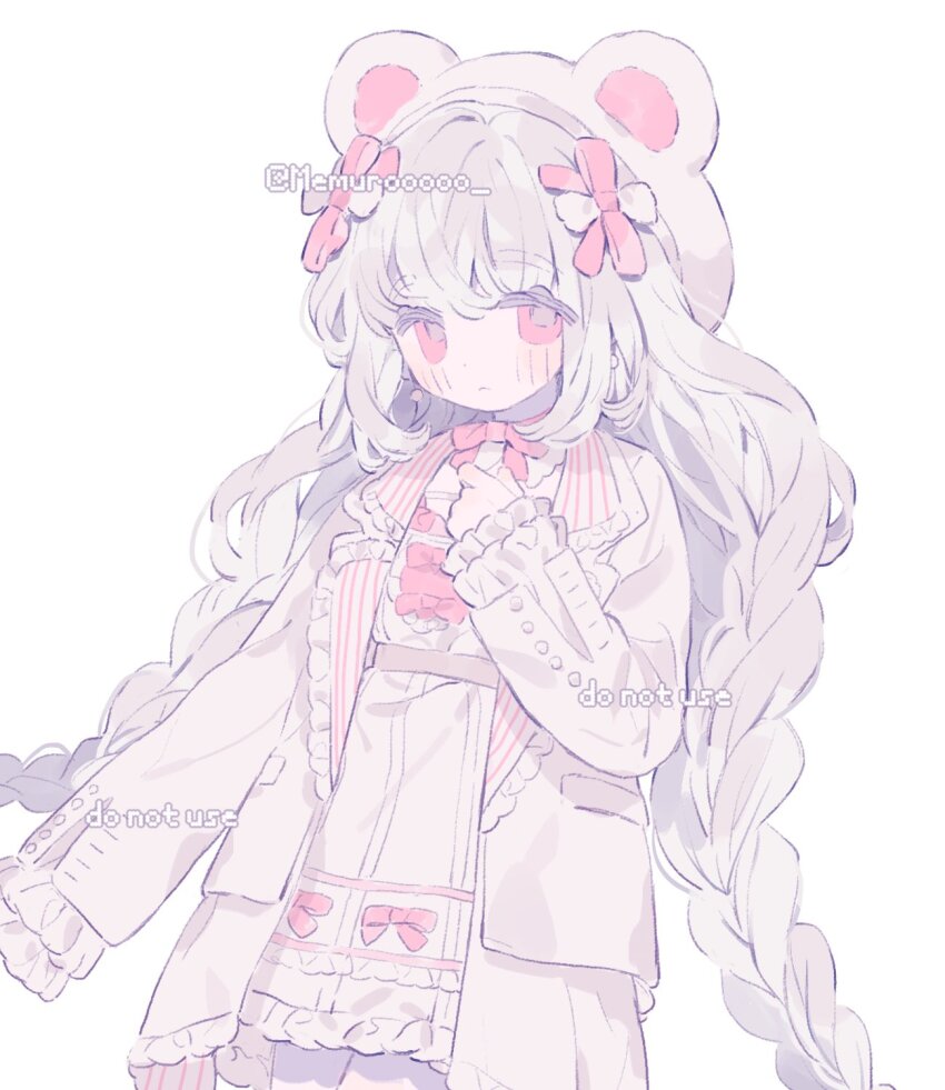 1girl animal_ear_fluff animal_ears bear_ears bow braid dress frills grey_hair hair_ornament hat hat_ornament highres jacket long_hair long_sleeves memuro open_clothes open_jacket original pink_eyes sample_watermark sleeves_past_wrists twin_braids very_long_hair watermark white_background white_jacket