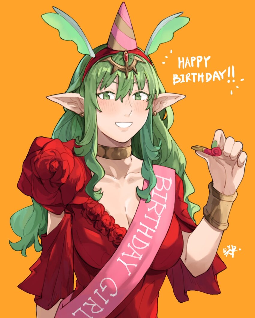 1girl alternate_costume alternate_hairstyle blush bracelet breasts cleavage collarbone commentary dress earrings english_commentary fingernails fire_emblem fire_emblem_awakening green_eyes green_hair green_nails grin hair_between_eyes hair_ornament happy_birthday hat highres jewelry large_breasts long_hair nintendo party_hat pointy_ears red_dress sakuremi short_sleeves signature simple_background smile solo tiki_(fire_emblem) wavy_hair yellow_background