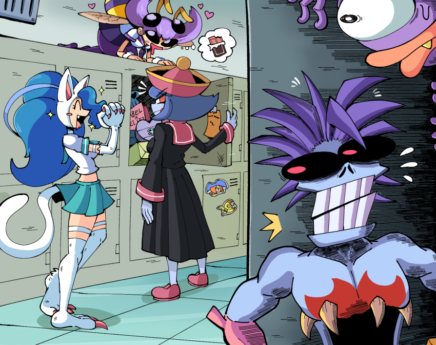 2boys 3girls alternate_costume animal_ears black_sclera blue_hair blue_skin cat_ears cat_girl cat_tail character_request check_character closed_eyes colored_sclera colored_skin crop_top fang felicia_(darkstalkers) green_skirt hat heart highres kevin_arthur hsien-ko mei-ling_(darkstalkers) locker multiple_boys multiple_girls open_mouth pleated_skirt purple_hair q-bee red_eyes red_hat school_uniform short_hair short_sleeves skirt tail darkstalkers lord_raptor