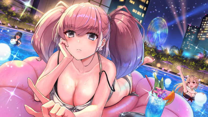 3girls akatsuki_(kancolle) alternate_costume atlanta_(kancolle) atlanta_(swimsuit)_(kancolle) bikini black_bikini black_ribbon blonde_hair blue_one-piece_swimsuit braid braided_bangs breasts brown_hair building cityscape earrings flat_cap grey_bikini grey_eyes hair_flaps hair_ornament hair_ribbon hairclip hat highres huge_breasts isasin929 jewelry kantai_collection layered_bikini long_hair looking_at_viewer medium_breasts multiple_girls night night_sky official_alternate_costume one-piece_swimsuit outdoors pool purple_eyes purple_hair red_eyes ribbon sailor_bikini sailor_collar scarf school_swimsuit side-tie_bikini_bottom single_earring sky star_(symbol) star_earrings swimsuit two_side_up wet white_scarf yuudachi_(kancolle) yuudachi_kai_ni_(kancolle) yuudachi_kai_ni_(swimsuit)_(kancolle)