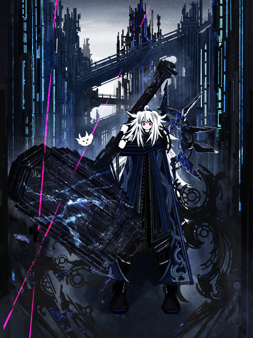 1girl absurdres bridge building full_body glint hammer highres holding holding_weapon huge_weapon original outdoors red_eyes riz_kira solo weapon white_hair