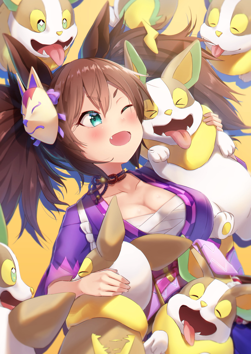 1girl absurdres animal_ears bow breasts choker cleavage collarbone commentary_request ear_ornament ear_ribbon fang fox_mask game_freak gen_8_pokemon hair_between_eyes hair_ornament highres horse_ears horse_girl horse_tail inari_one_(umamusume) large_breasts mask mask_on_head nintendo one_eye_closed open_mouth pokemon pokemon_(creature) reo-illust4696 simple_background smile tail umamusume yamper