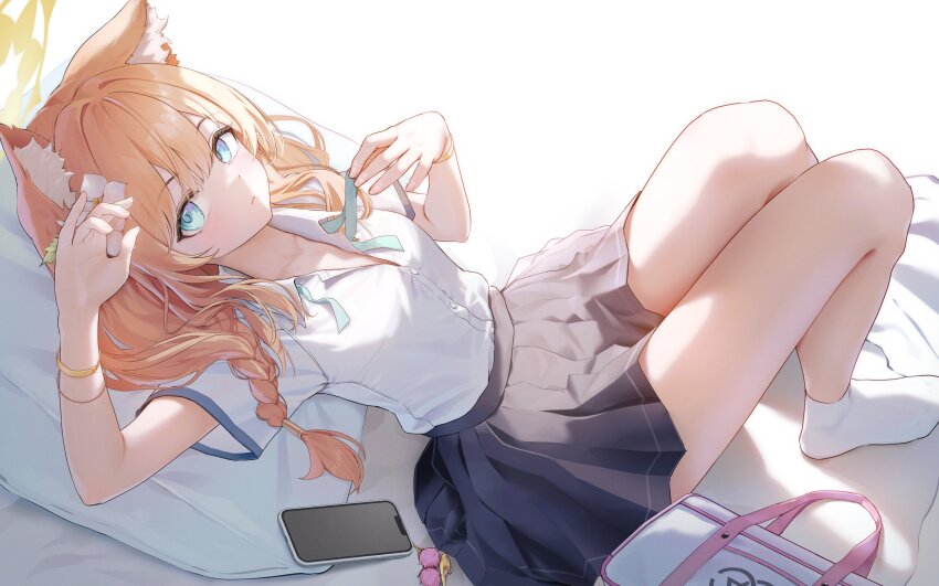 1girl absurdres animal_ear_fluff animal_ears bag black_skirt blue_archive bracelet braid bright_background cat_ears cellphone chiu538 dot_nose flower full_body gold_bracelet green_eyes green_ribbon hair_between_eyes hair_flower hair_ornament hashtag-only_commentary highres iphone jewelry knees_up looking_at_viewer lying mari_(blue_archive) medium_hair on_bed orange_hair partially_unbuttoned phone pillow pleated_skirt ribbon shirt short_sleeves shoulder_bag single_braid skirt smartphone socks solo thighs white_flower white_shirt white_socks