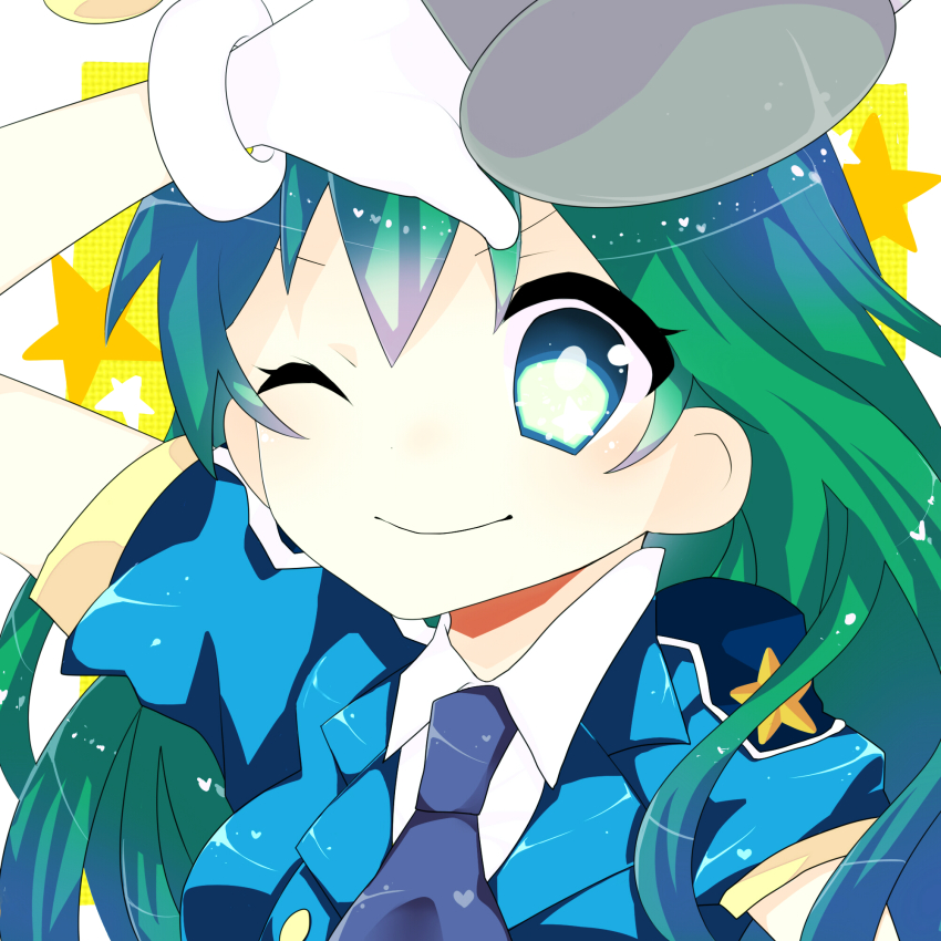 1girl ;) antennae bad_id bad_pixiv_id blue_eyes female_focus green_hair highres keroro_gunsou long_hair looking_at_viewer one_eye_closed police police_uniform policewoman poyon_(keroro_gunsou) smile solo tokiwa_(io)