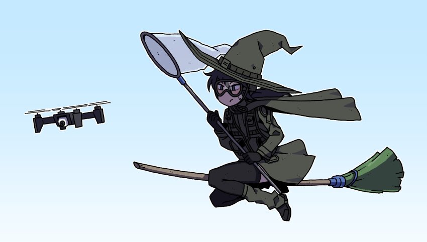 1girl aircraft black_footwear black_gloves black_hair black_thighhighs blue_background blush broom broom_riding brown_hat brown_jacket butterfly_net closed_mouth commentary drone english_commentary full_body gloves goggles gradient_background grey_eyes hair_between_eyes hand_net hat highres holding jacket karepack long_hair long_sleeves low_ponytail original ponytail quadcopter small_sweatdrop solo sweat thighhighs unmanned_aerial_vehicle v-shaped_eyebrows white_background witch_hat