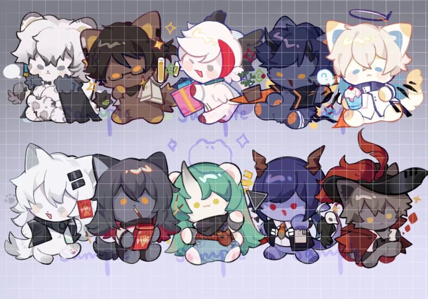 4girls 6+boys :3 ? animal_ears animal_hands animalization arknights black_coat black_hair black_jacket black_scarf blue_eyes blue_hair blue_pants box brown_hair cape ch&#039;en_(arknights) chibi chinese_commentary coat coat_on_shoulders commentary_request crossed_bangs cupcake dragon_girl dragon_horns dragon_tail elysium_(arknights) executor_(arknights) flamebringer_(arknights) food food_in_mouth fur-trimmed_coat fur_trim gift glasses green_hair grey_eyes grey_hair halo head_wings holding holding_box holding_food holding_gift holding_test_tube horns hoshiguma_(arknights) hugging_tail id_card jacket lappland_(arknights) light_brown_hair long_hair looking_at_viewer multicolored_hair multiple_boys multiple_girls necktie nitrogen_owo one_eye_closed orange_necktie pants phantom_(arknights) phantom_(focus)_(arknights) plant pocky potted_plant red_cape red_eyes red_hair sample_watermark scarf shirt short_hair silverash_(arknights) single_horn snow_leopard_ears snow_leopard_tail sparkle spoken_question_mark streaked_hair tail test_tube texas_(arknights) thorns_(arknights) too_many_watermarks watermark white_jacket white_shirt wings wolf_ears wolf_girl wolf_tail yellow_eyes