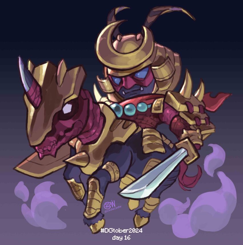 1boy absurdres armor chibi cwdw digimon digimon_(creature) dual_wielding fangs grey_background highres holding holding_sword holding_weapon japanese_armor katana riding samurai simple_background sword weapon zanbamon