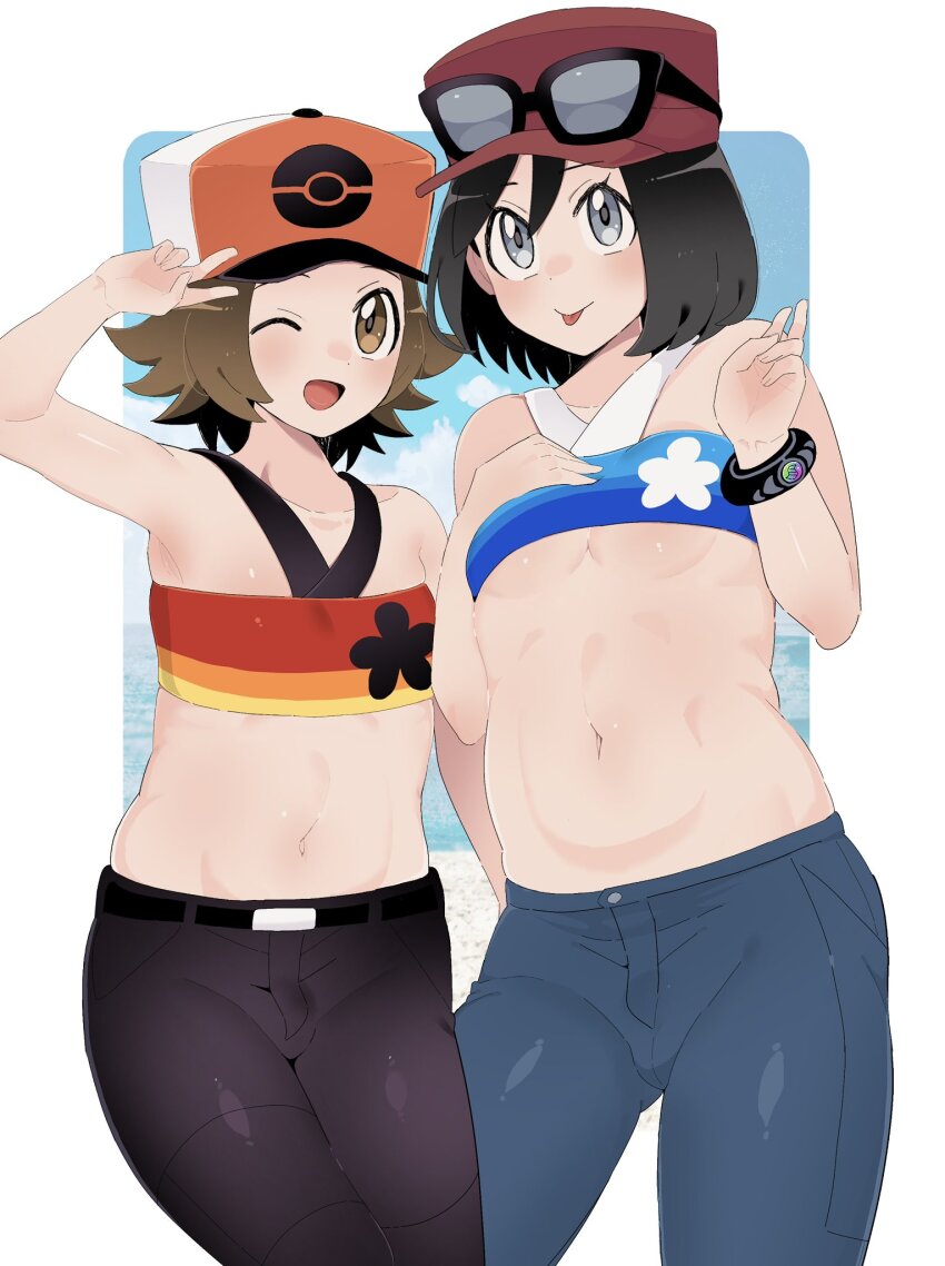 2boys ;d adapted_costume bandeau belt belt_buckle black_belt blue_bandeau bracelet brown_eyes brown_hair buckle calem_(pokemon) commentary_request eyewear_on_headwear grey_eyes hands_up hat highres hilbert_(pokemon) jewelry male_focus multiple_boys navel nintendo one_eye_closed open_mouth pants pokemon pokemon_bw pokemon_xy red_hat sana_(37pisana) short_hair smile striped_bandeau sunglasses tongue tongue_out v