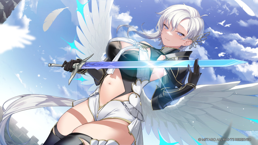 1girl armor blue_eyes blue_sky breasts clothing_cutout cloud cloudy_sky commentary_request day feathers gauntlets gold_trim hair_ornament highres holding holding_weapon indie_virtual_youtuber large_breasts leotard liora_walkyria long_hair looking_at_viewer low_ponytail mendou_kusai navel navel_cutout original outdoors ponytail shoulder_armor simple_background sky smile solo sword thighhighs thighs v&amp;u_entertainment very_long_hair virtual_youtuber weapon white_hair wings