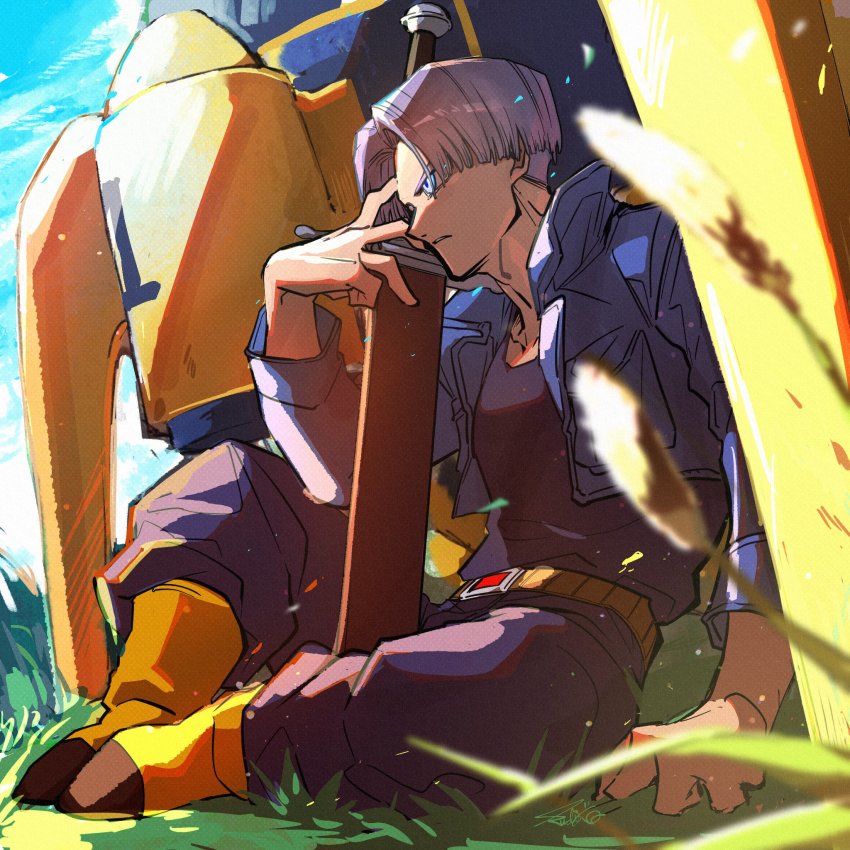 1boy anklet arm_at_side arm_support baggy_pants belt black_pants black_shirt blue_eyes blue_sky blurry boots butterfly_sitting collarbone day denim denim_jacket depth_of_field dragon_ball dragonball_z facing_away grass hand_on_weapon hand_up high_collar highres jacket jewelry light_particles looking_afar male_focus on_ground outdoors pants parted_lips purple_hair sakaikurinea serious shade shirt sitting sky solo straight_hair sunlight sword time_machine trunks_(dragon_ball) trunks_(future)_(dragon_ball) weapon wind wind_lift yellow_belt yellow_boots