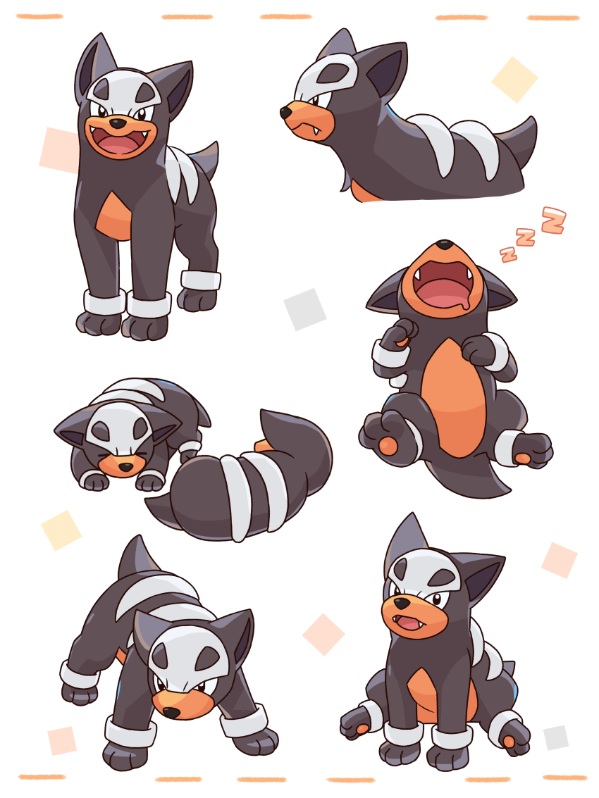 absurdres animal_focus dog drooling fangs full_body gen_2_pokemon highres houndour looking_at_viewer lying multiple_views neko_gyoza nintendo no_humans open_mouth pokemon pokemon_(creature) simple_background sitting sleeping standing white_background zzz