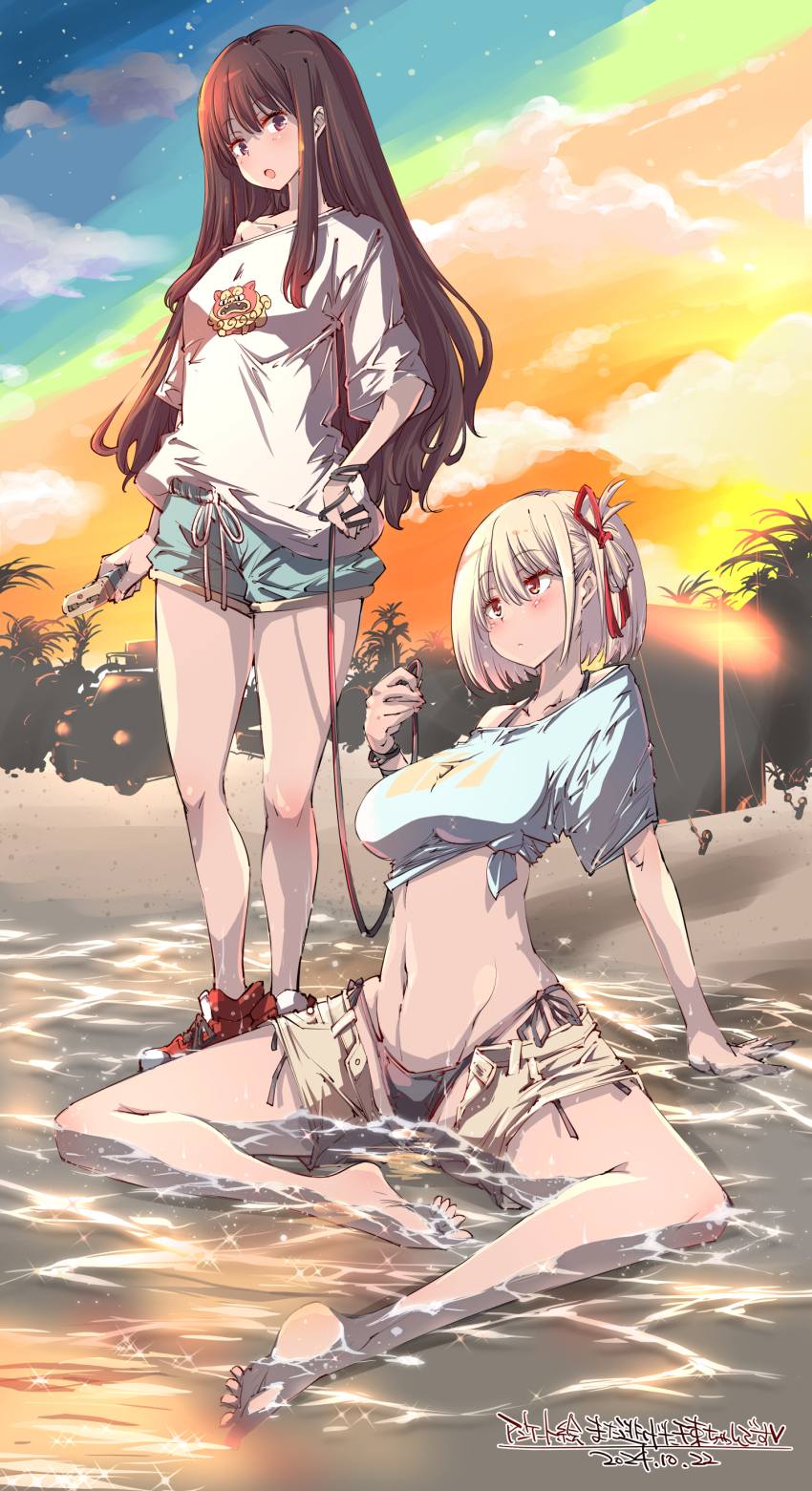 2girls absurdres barefoot beach bikini black_bikini black_hair blonde_hair blush breasts closed_mouth collarbone full_body highres holding_taser inoue_takina large_breasts long_hair looking_at_viewer looking_to_the_side loose_clothes loose_shirt lycoris_recoil multiple_girls navel nishikigi_chisato open_mouth red_eyes red_ribbon red_shoes ribbon shirt shoes short_hair shorts sneakers sunset swimsuit taser thighs wet wet_clothes yazawa_mana