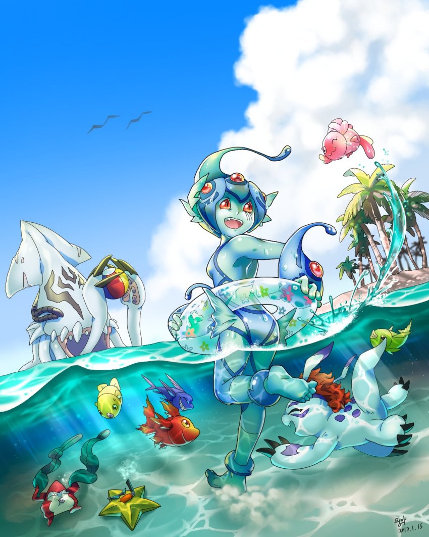 ball beachball clothing_cutout digimon frog_girl gesomon gomamon helmet highres n36hoko navel_cutout one-piece_swimsuit pickmon pickmon_(rare) ranamon red_eyes sharp_teeth starmon_(digimon_xros_wars) swimsuit teeth tentacles