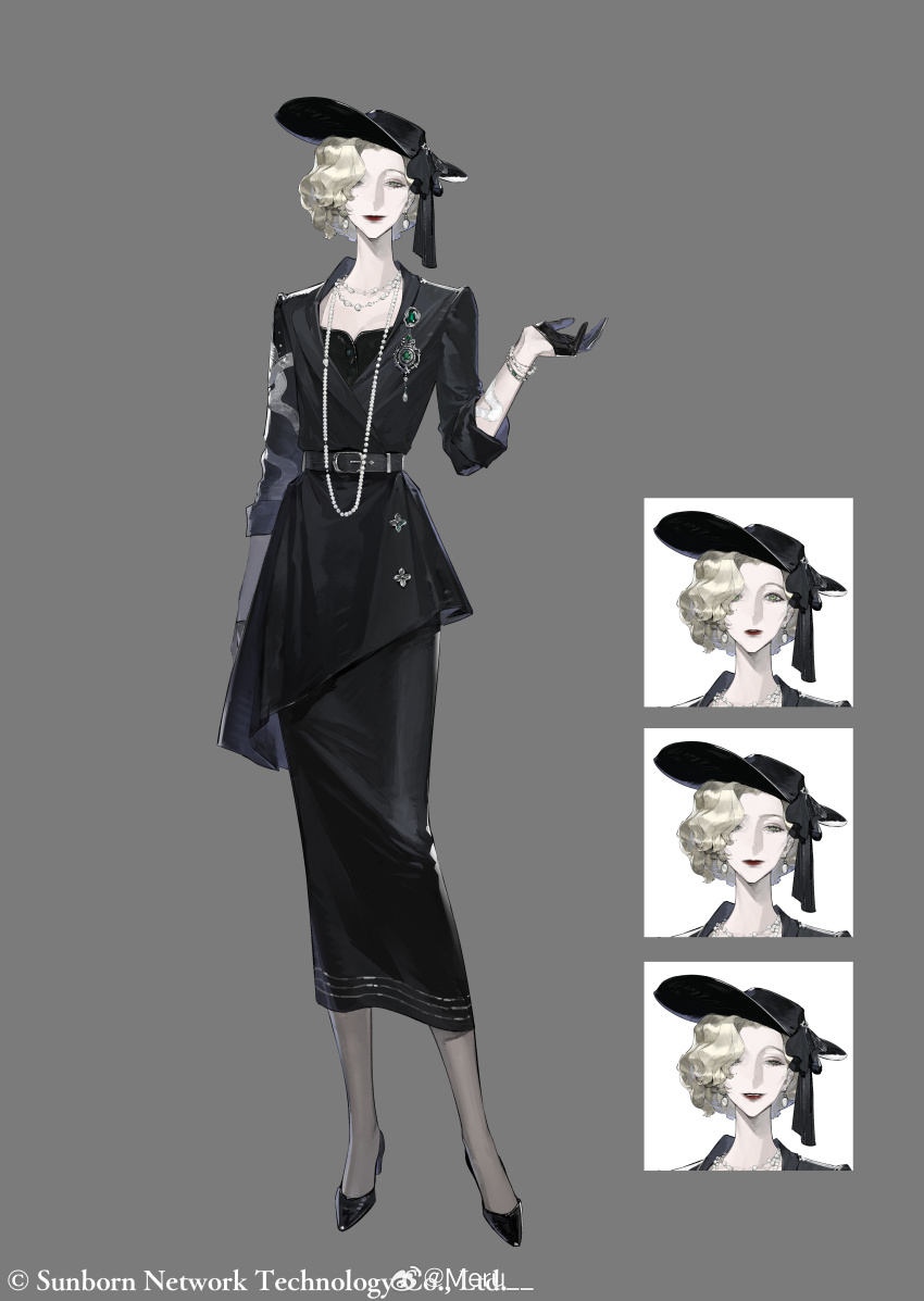 1girl absurdres arm_tattoo belt black_gloves black_hat black_jacket black_pantyhose black_shoes black_skirt blonde_hair bracelet breasts character_request chinese_commentary cleavage collarbone commentary company_name earrings forehead full_body girls&#039;_frontline gloves green_eyes grey_background hair_over_one_eye half_gloves hand_up hat highres hobble_skirt jacket jewelry lapel_pin lapels meru02295238 mole mole_under_eye multiple_bracelets multiple_expressions multiple_necklaces necklace pantyhose pearl_bracelet pearl_earrings pearl_necklace print_jacket red_lips shawl_lapels shoes short_hair simple_background skirt small_breasts snake_print snake_tattoo solo standing tachi-e tattoo watermark weibo_username weibo_watermark