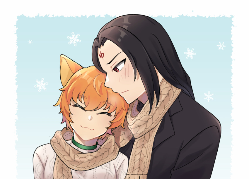 1boy 1girl animal_ears cat_ears fire_emblem fire_emblem:_path_of_radiance fire_emblem:_radiant_dawn lethe_(fire_emblem) nintendo orange_hair red_eyes scarf snowflakes soren_(fire_emblem) sweater turtleneck turtleneck_sweater winter_clothes witchi witchiarts