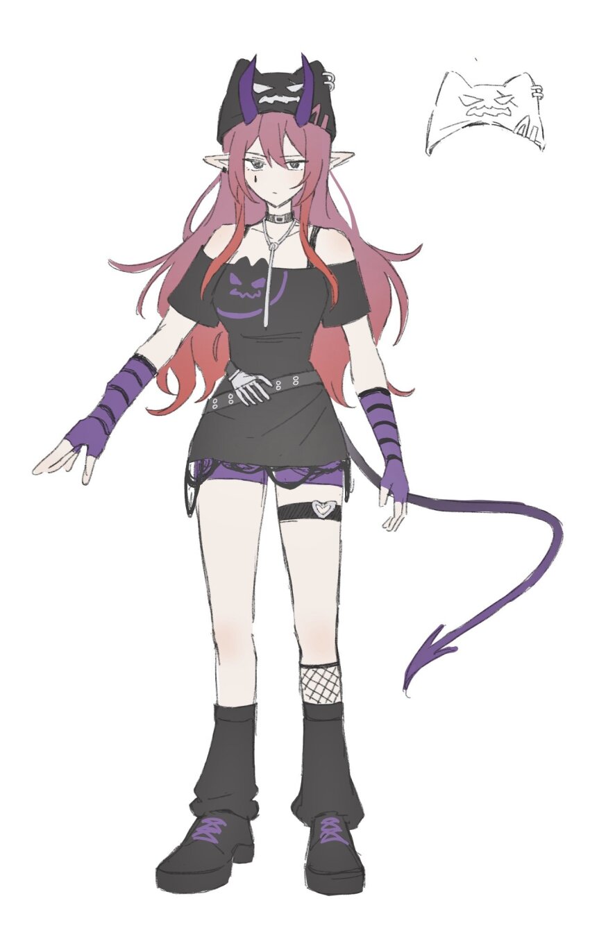 1girl alternate_costume amo20839453 arknights ascalon_(arknights) bare_legs bare_shoulders belt black_dress black_eyes black_hat black_shoes black_socks bra_strap chinese_commentary choker commentary_request dress facial_mark fingerless_gloves full_body gloves goth_fashion hat highres horns long_hair looking_at_viewer loose_socks off-shoulder_dress off_shoulder pencil_dress pointy_ears purple_gloves purple_hair shoes short_dress short_sleeves simple_background socks solo standing tail thigh_strap very_long_hair white_background