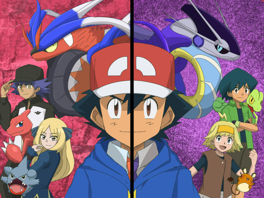 2girls 3boys adjusting_clothes adjusting_headwear aged_down aged_up ahoge alternate_hair_length alternate_hairstyle baseball_cap black_coat black_hair blonde_hair blue_jacket bonnie_(pokemon) brown_eyes brown_vest charmeleon coat commentary_request crossed_arms cynthia_(pokemon) dedenne gen_1_pokemon gen_3_pokemon gen_4_pokemon gen_6_pokemon gible hairband hat highres hood hooded_jacket jacket koraidon leon_(pokemon) max_(pokemon) miraidon multiple_boys multiple_girls naranja_academy_school_uniform necktie nintendo open_mouth orange_necktie pokemon pokemon_(anime) pokemon_(creature) pokemon_dppt_(anime) pokemon_journeys pokemon_rse_(anime) pokemon_sv pokemon_xy_(anime) purple_hair purple_necktie rila_anipoke school_uniform sleeves_past_wrists smile split_screen treecko uva_academy_school_uniform vest yellow_hairband