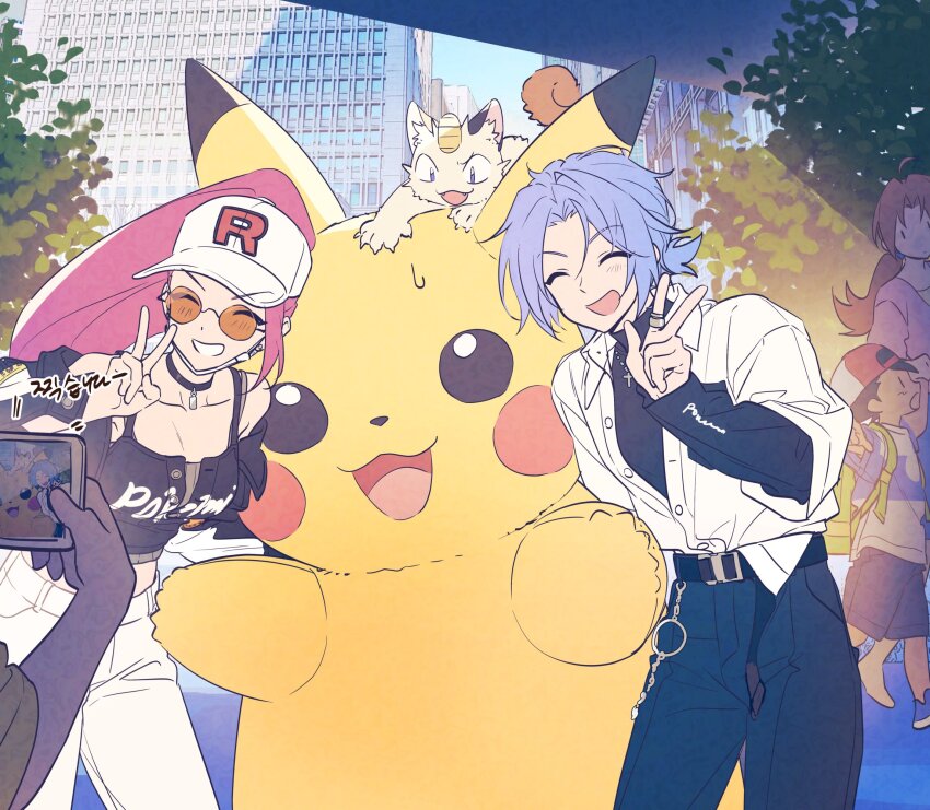 2boys 2girls 2others ash_ketchum bare_shoulders black_shirt blue_hair blue_pants body_fur breasts cat collarbone delia_ketchum denim gen_1_pokemon group_picture highres james_(pokemon) jessie_(pokemon) mascot_costume medium_breasts meowth missing_commentary multiple_boys multiple_girls multiple_others nintendo orange-tinted_eyewear outdoors pants pikachu pkgllllllv pointing pokemon pokemon_(anime) red_hair shirt short_hair sunglasses taking_picture tinted_eyewear v white_pants white_shirt