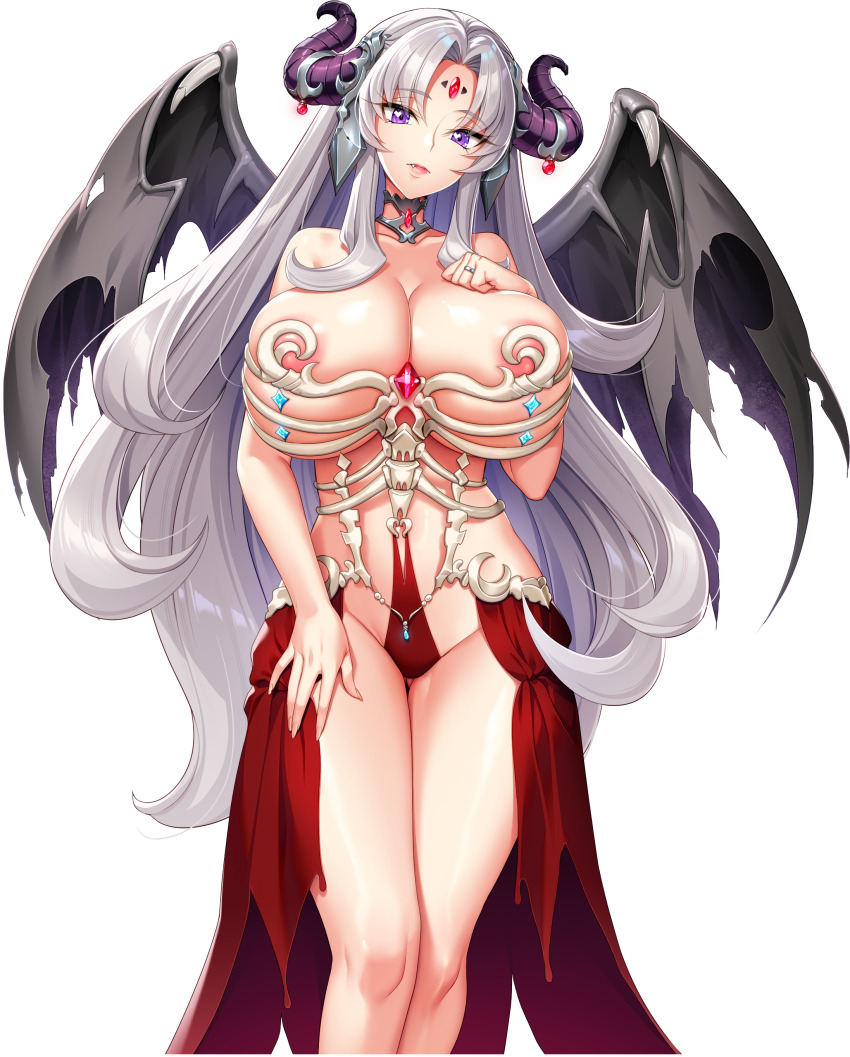 1girl absurdres akagi_rio areola_slip black_horns bone_armor breasts cleavage closed_mouth dragon_girl dragon_horns dragon_wings fafnira_dracour fang forehead_jewel game_cg grey_hair half-skirt hand_on_own_chest hand_on_own_thigh highres horn_ornament horns huge_breasts jewelry long_hair long_sidelocks looking_at_viewer milk_factory motto!_haramase!_honoo_no_oppai_isekai_oppai_maid_gakuen! nipples non-web_source official_art ring showgirl_skirt sidelocks solo transparent_background wedding_ring wings