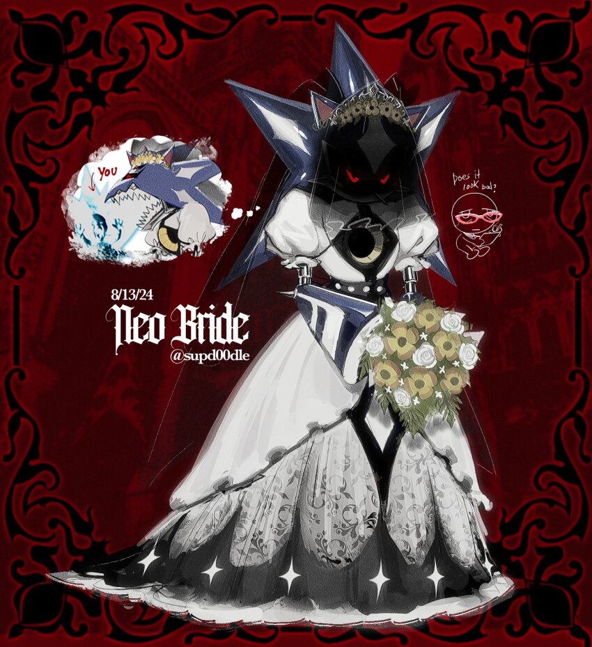 1boy 9474s0ul ai-generated_art_(topic) artist_name artist_self-insert ash_baby_(meme) bridal_veil commentary crossdressing dress english_text flower highres holding holding_flower humanoid_robot male_focus meme metal_overlord metal_sonic neo_metal_sonic red_eyes robot sharp_teeth solo sonic_(series) sonic_heroes symbol-only_commentary teeth veil wedding_dress white_dress