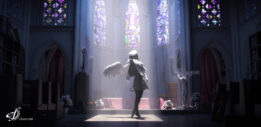 1girl 997308756 amamiya_yuuko candle church cross crucifix ef_(visual_novel) flower hat highres indoors jesus long_hair long_sleeves pew rose shadow solo stained_glass white_flower white_hat white_rose white_wings wide_shot wings