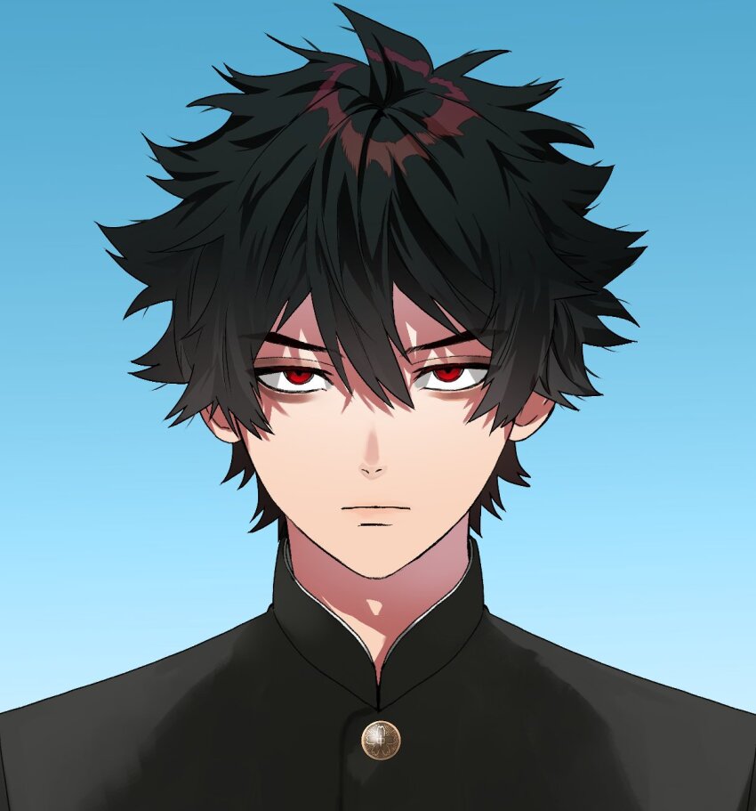 1boy black_hair blue_background closed_mouth expressionless gakuran gradient_background hair_between_eyes highres looking_at_viewer male_focus mogari_shishikuno neoshoco phantom_busters portrait red_eyes school_uniform short_hair simple_background solo
