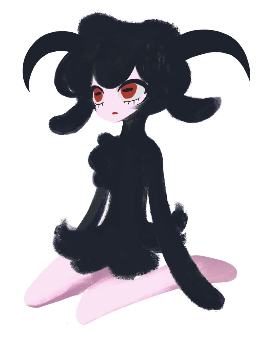 1girl animal_ears black_fur black_hair colored_skin commentary_request full_body highres horizontal_pupils horns kakke666 korean_commentary monster_girl no_lineart original pink_skin red_eyes sheep_ears sheep_girl sheep_horns simple_background sitting solo wariza white_background
